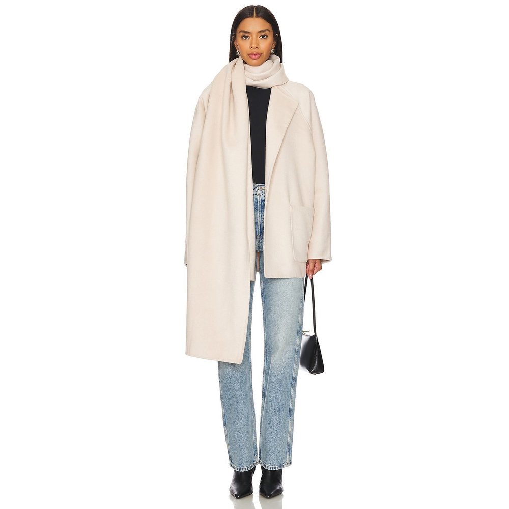 New EAVES Osher Wool Coat in Ivory cream beige with scarf